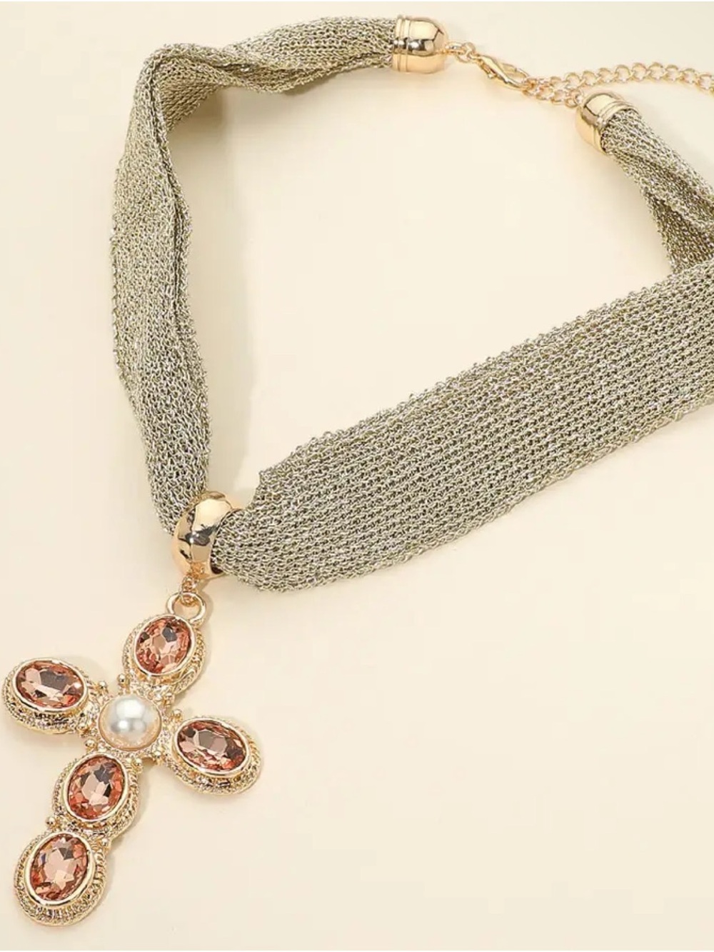 Gold-Tone Mesh Cross Necklace with Peach Gem Accents